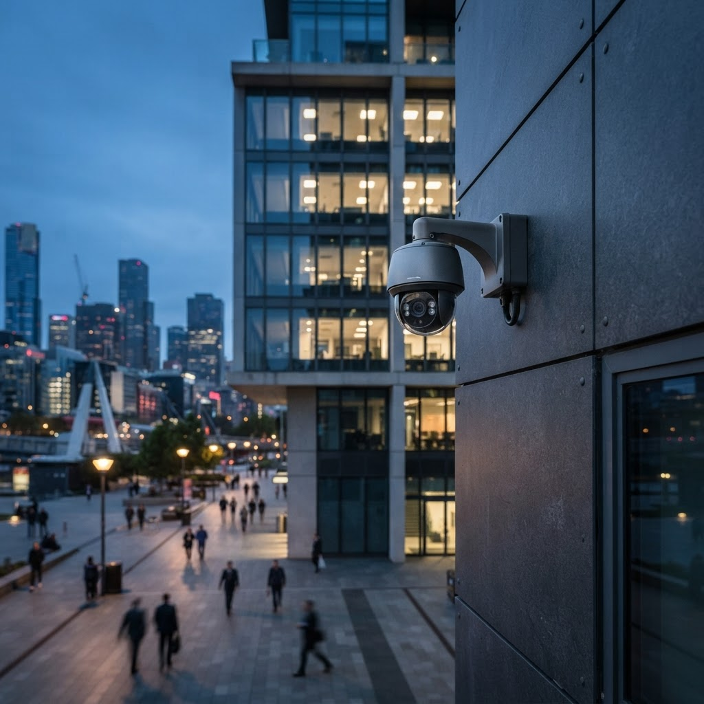 CCTV security camera on a modern building at blue hour