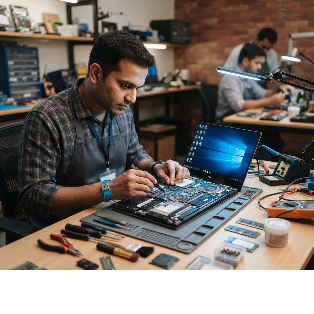 Technician repairing a laptop at a clean workbench